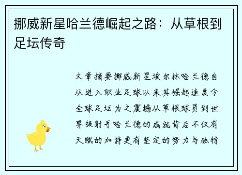 挪威新星哈兰德崛起之路:从草根到足坛传奇 挪威新星哈兰德崛起之路:从草根到足坛传奇